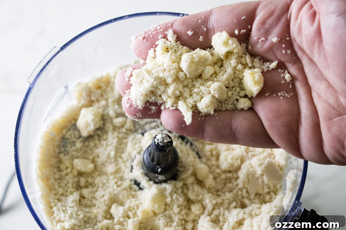 Close-up showing the texture of perfectly mixed pie dough with pea-sized shortening lumps after processing.