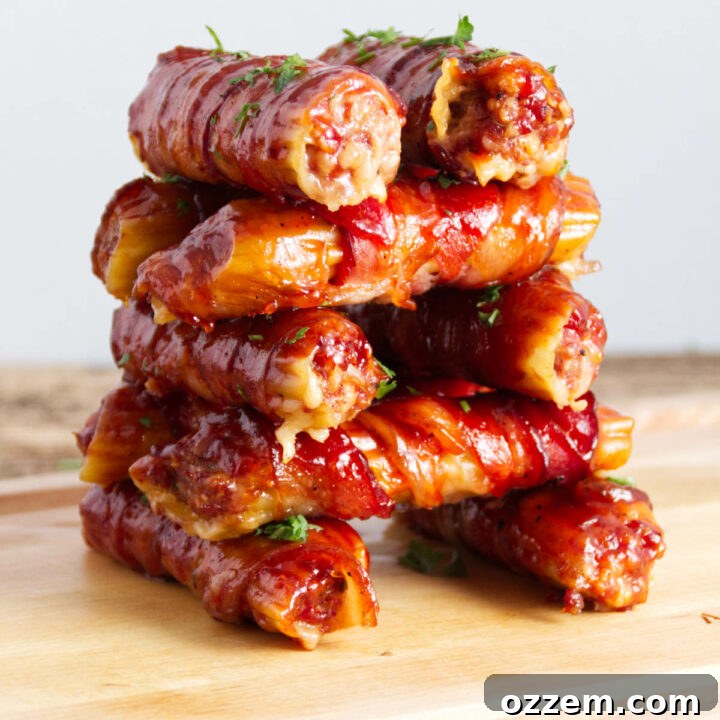 stacked sausage stuffed manicotti shells wrapped in bacon and BBQ sauce