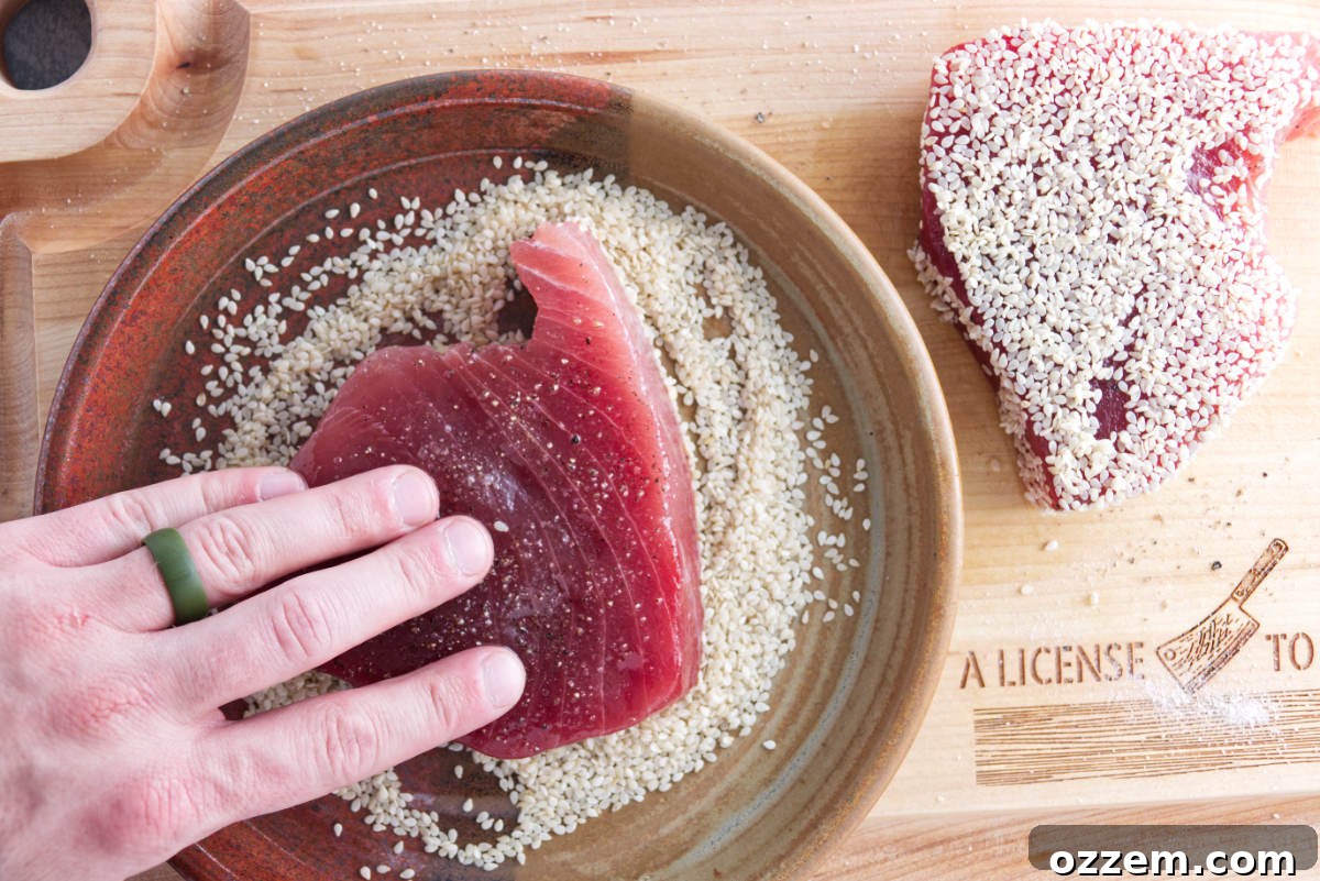 Succulent Air Fryer Tuna Steaks 6 coating tuna steaks in sesame seeds