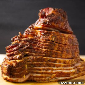 Close up of spiral sliced ham that has been double smoked on the Traeger.
