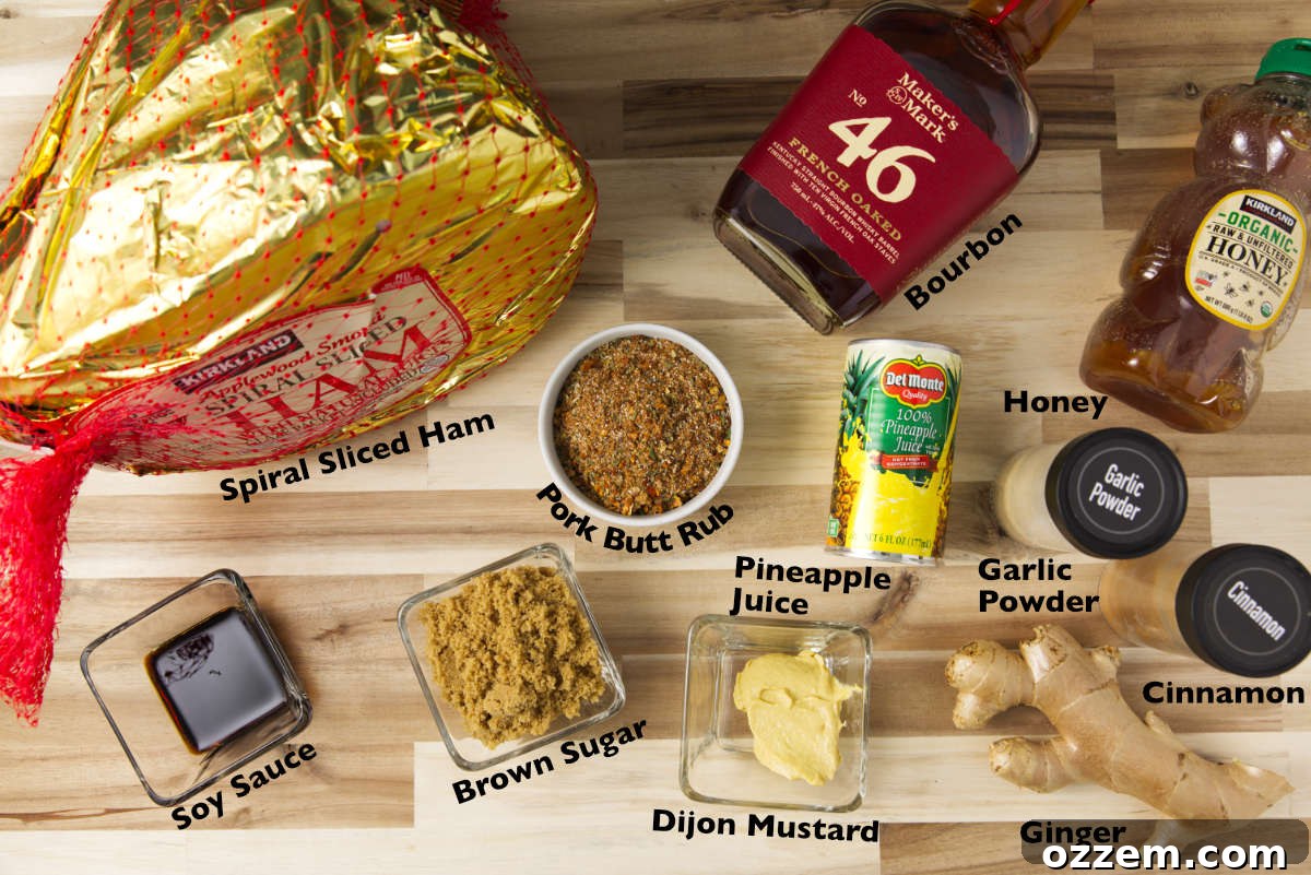 All the essential ingredients neatly laid out for preparing the double smoked ham and its pineapple bourbon glaze.