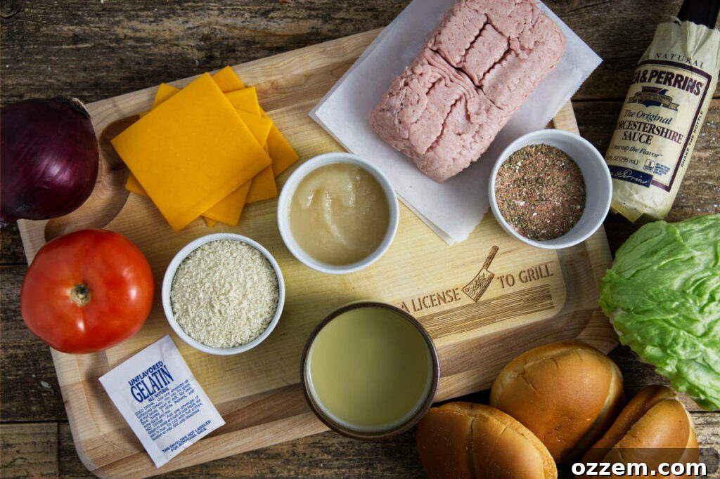 Various ingredients laid out on a wooden cutting board, including ground turkey, spices, applesauce, and breadcrumbs, ready to make air fryer turkey burgers.