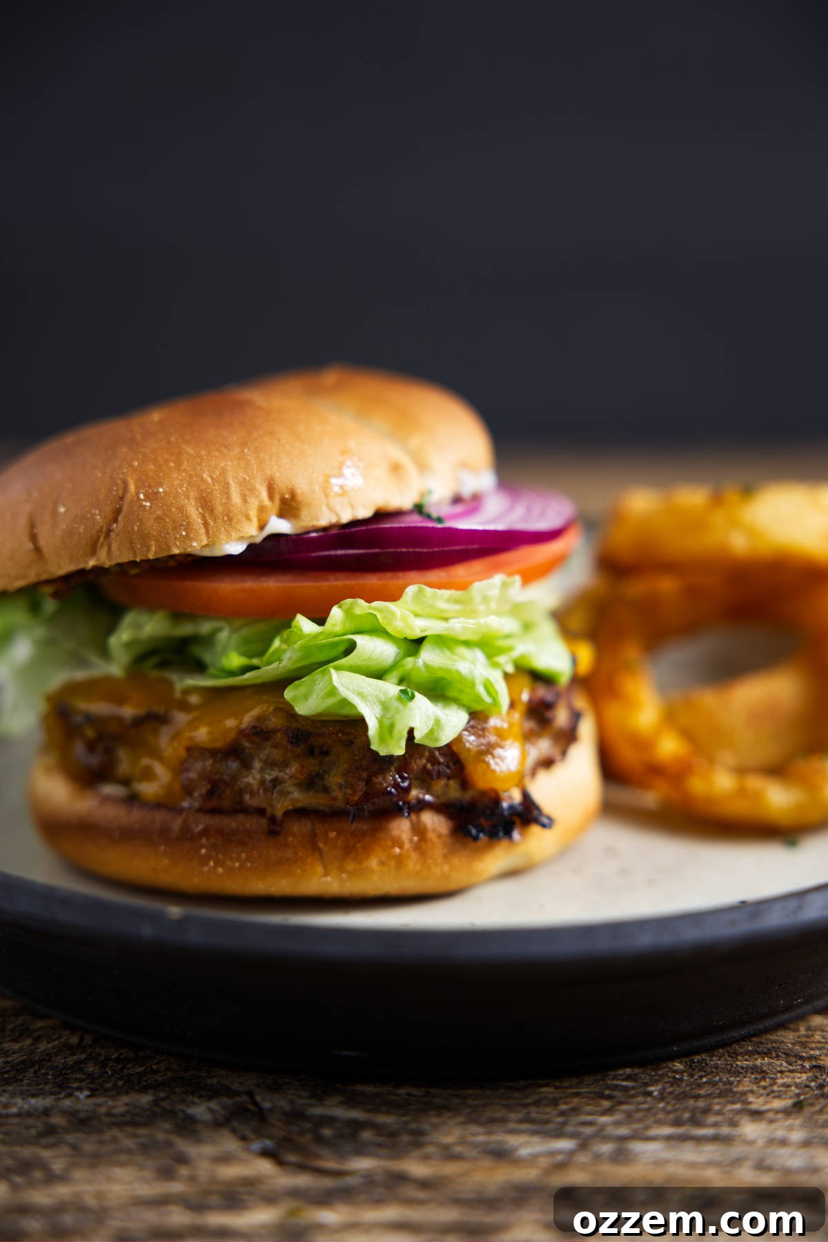 A fully assembled air fryer turkey burger served on a brioche bun with various toppings, alongside a side of crispy onion rings.