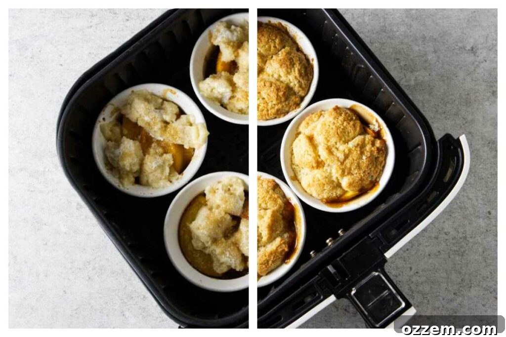 peach cobbler in ramekins in the air fryer basket