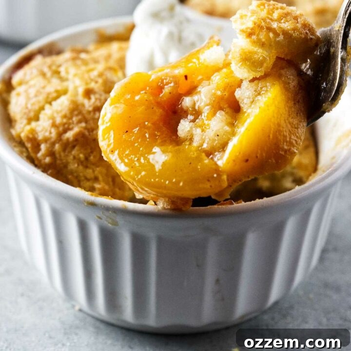 closeup of air fryer peach cobbler