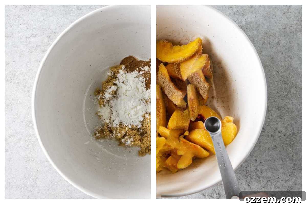 frozen peaches in a mixing bowl being mixed with sugar and spices