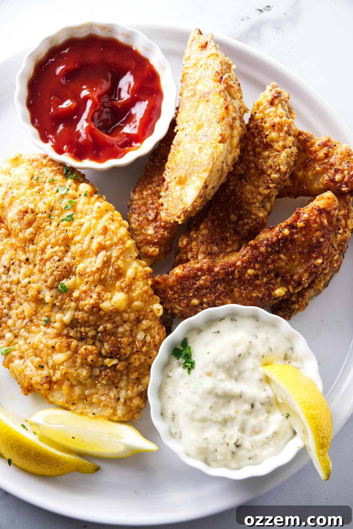Air fryer tilapia served with golden, crispy potato wedges, fresh lemon slices, and a dollop of creamy tartar sauce on a rustic plate.