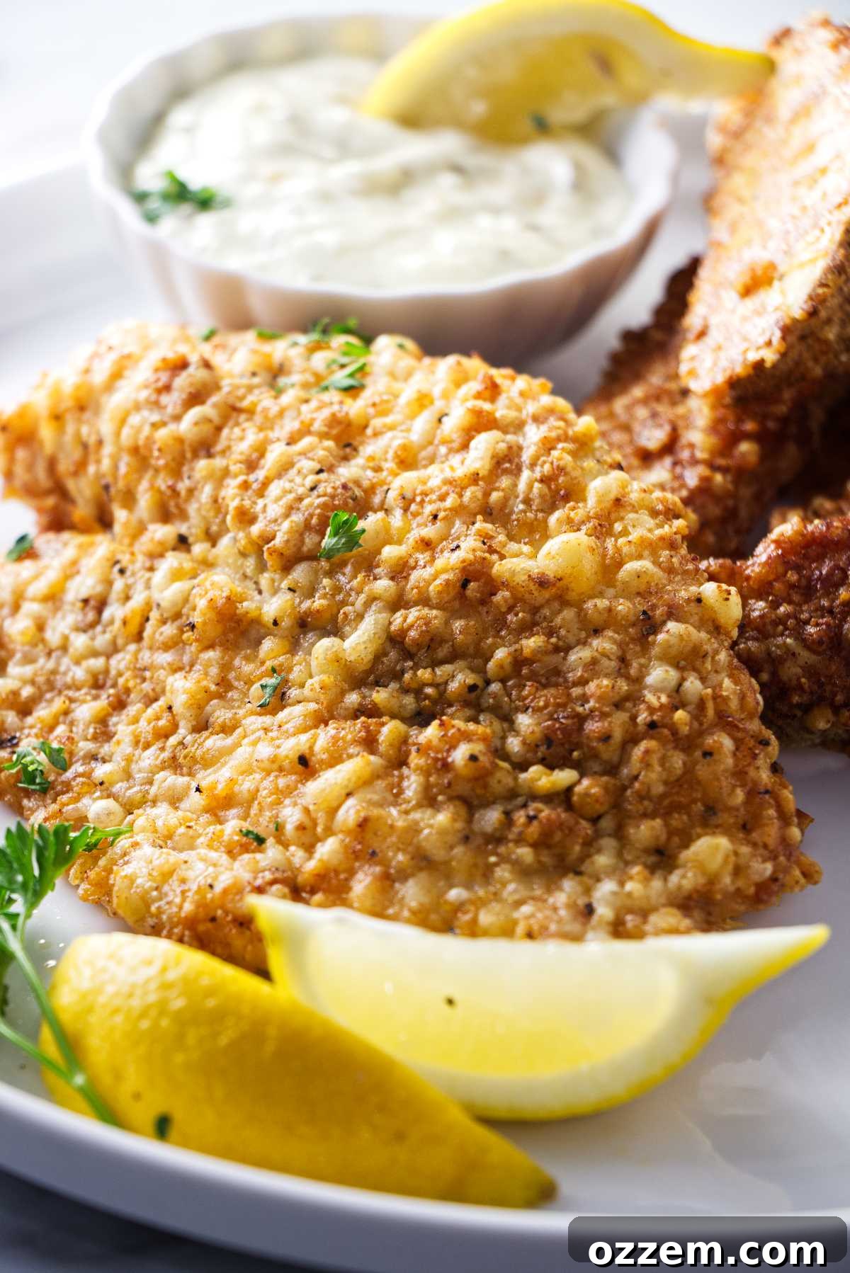 A close-up of a perfectly air-fried Parmesan-crusted tilapia fillet, garnished with lemon wedges and a small bowl of tartar sauce.