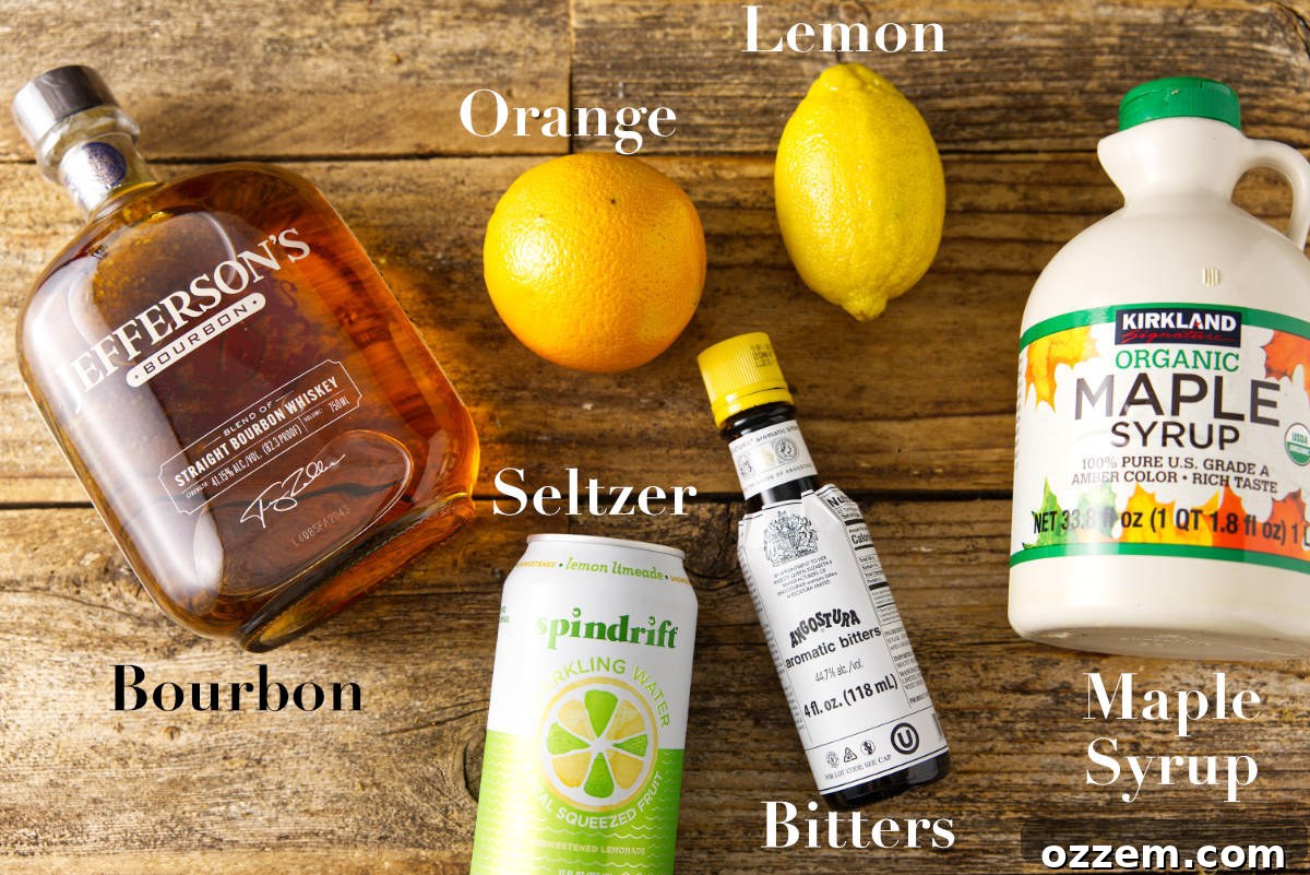 Ingredients for maple bourbon smash cocktail.