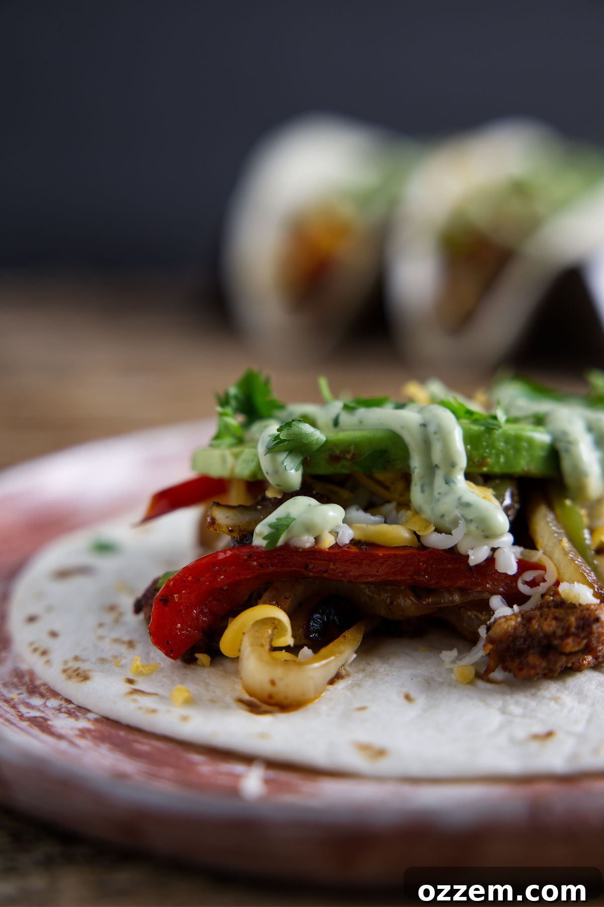 Close-up of a perfectly constructed tortilla, brimming with juicy chicken fajitas, vibrant peppers, and onions, ready to be enjoyed.