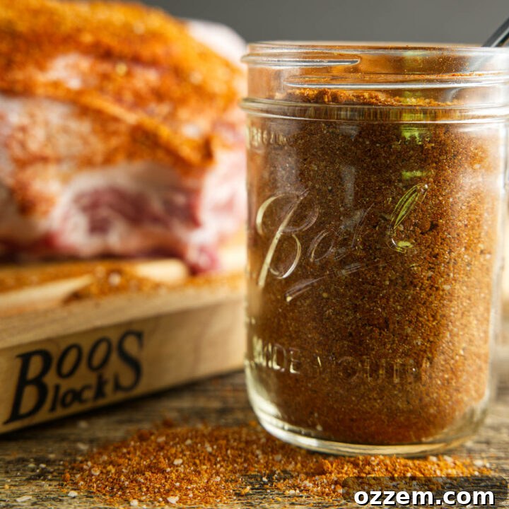 A glass jar filled with homemade pork butt rub, with a perfectly seasoned pork butt visible in the soft-focus background, ready for smoking.