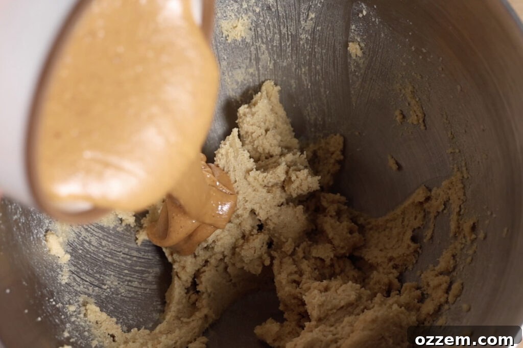 A close-up view of creamy peanut butter being added to the light and fluffy butter and sugar mixture in a mixing bowl.