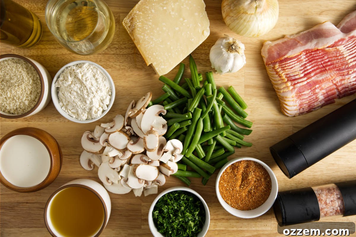 A vibrant display of all the fresh ingredients needed for Smoked Green Bean Casserole, including crispy bacon, bright green beans, sliced mushrooms, onion, garlic, flour, white wine, a jar of Cajun seasoning, Parmesan cheese, and a bowl of Panko breadcrumbs, artfully arranged on a rustic surface.