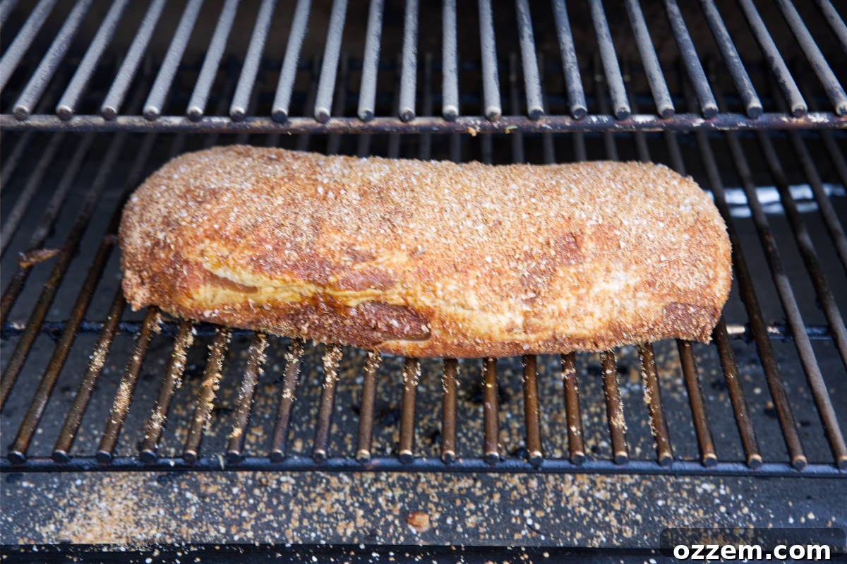 Pork loin with dry rub on grill grates of smoker.