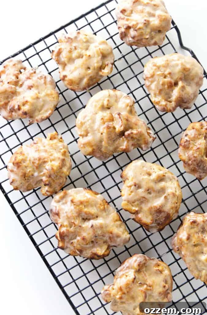 Overhead photo of apple fritters just out of the air fryer.