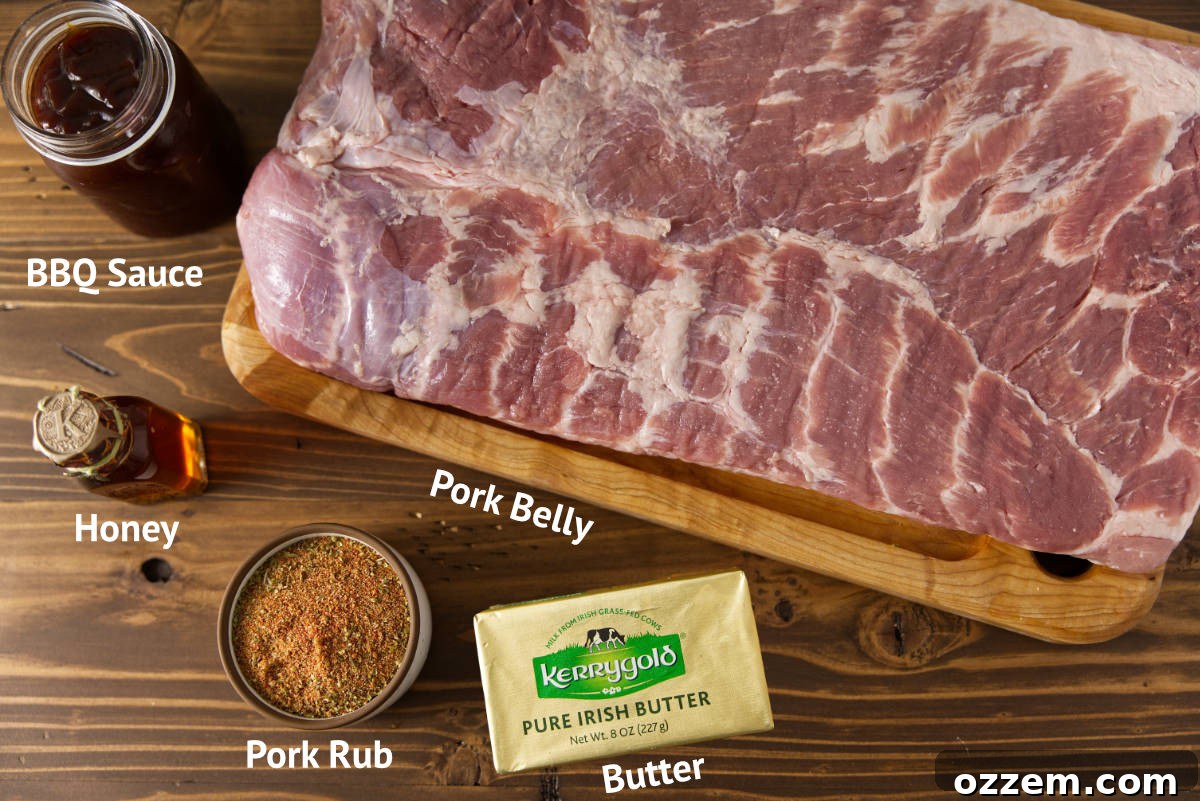 A vibrant flat lay shot of the key ingredients needed for making smoked pork belly burnt ends, including a slab of pork belly, a bowl of spice rub, a bottle of BBQ sauce, a jar of honey, and sticks of butter.