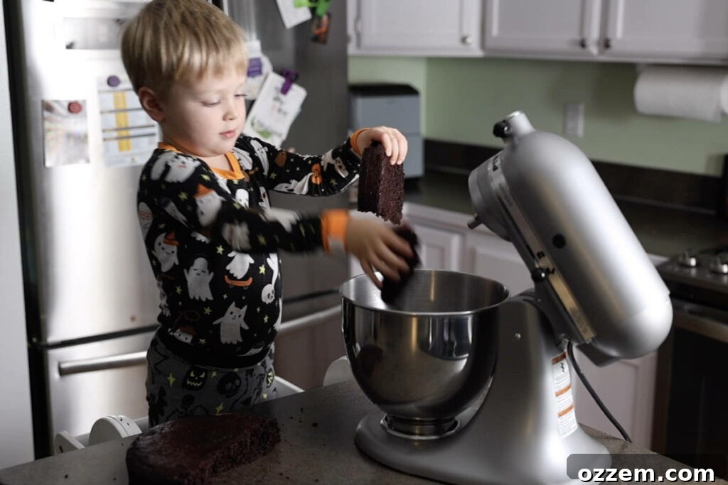 Breaking up a chocolate cake and adding it to a stand mixer.