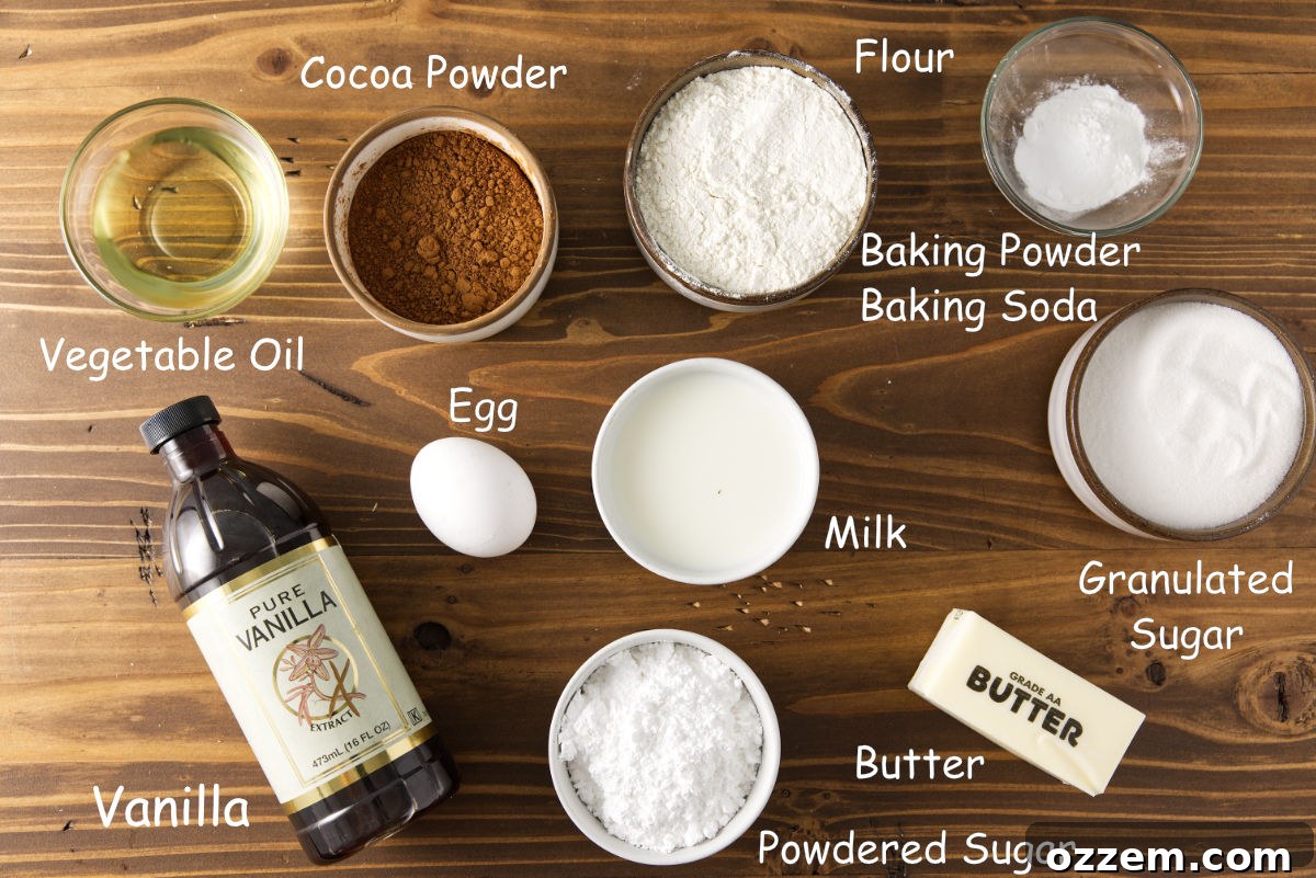 Ingredients for moist chocolate cake and creamy buttercream frosting.