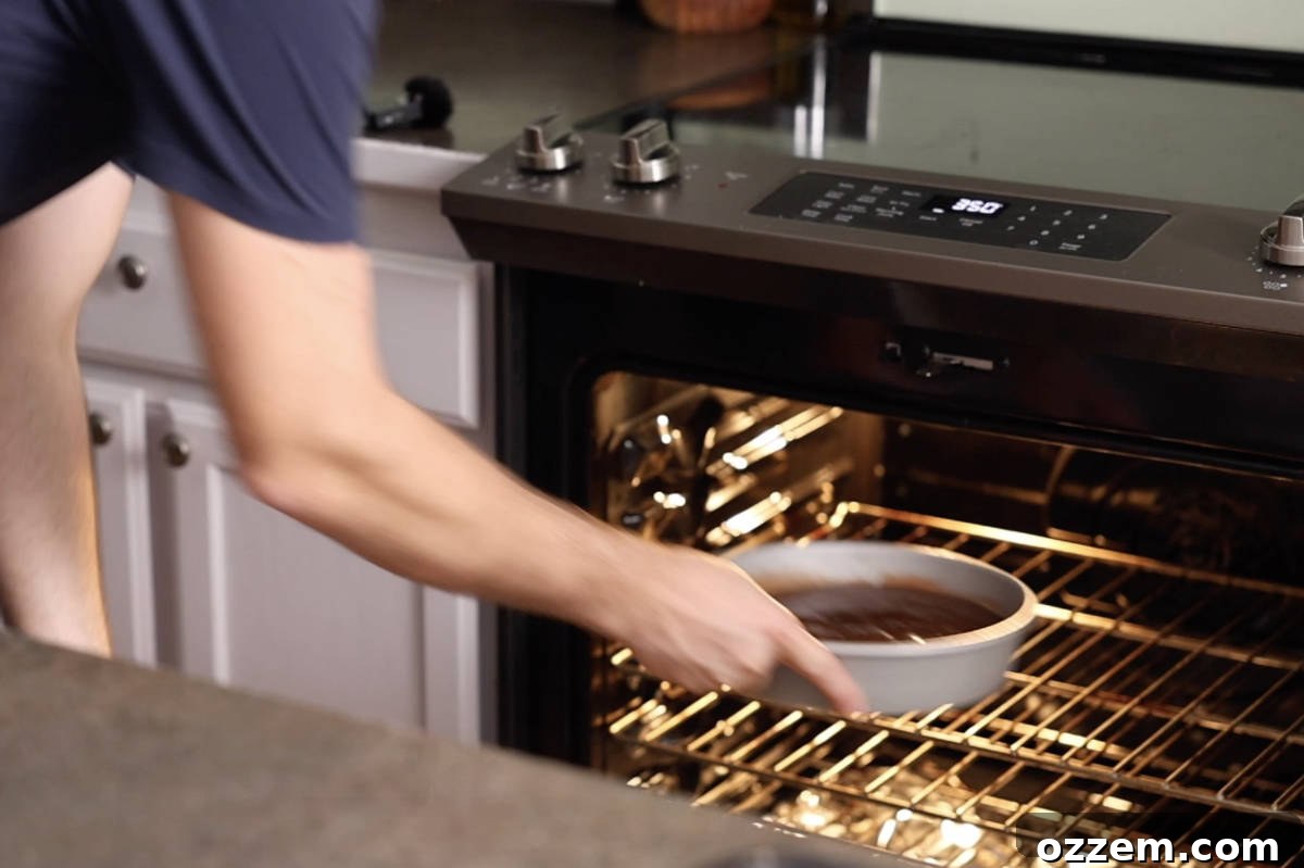 Placing cake in the oven to bake.