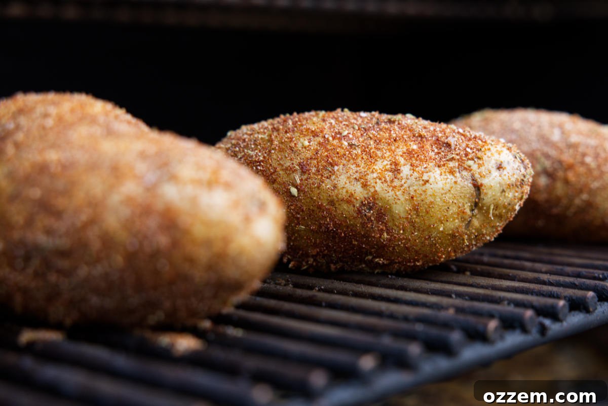 Russet potatoes with seasoning and sitting on smoker grill grates.