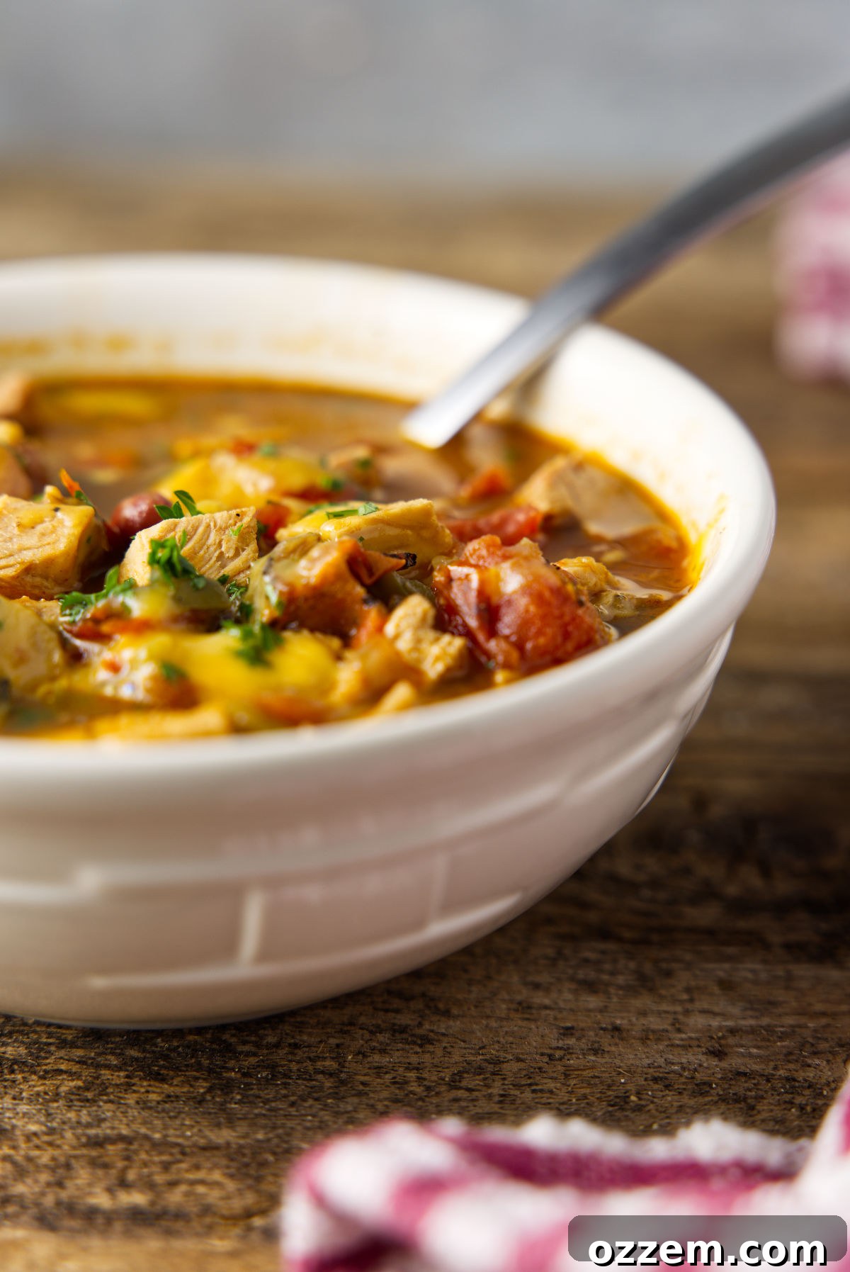 Smoky Leftover Turkey Chili 7 Bowl of chili with turkey and tomatoes and a sprinkle of chopped parsley.