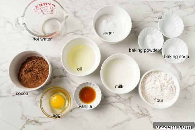 A selection of essential ingredients for air fryer chocolate cupcakes laid out on a kitchen counter.