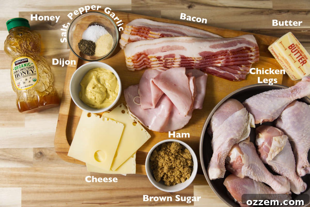 Smoky Traeger Stuffed Chicken Legs 3 Ingredients for stuffed chicken legs spread out on cutting butcher block.