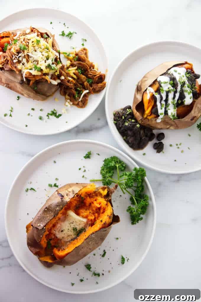 Air Fryer Sweet Potato Perfection 4 A trio of air fryer baked sweet potatoes, beautifully golden, topped with rich pulled pork, savory black beans, and a melting pat of butter, showcasing versatile serving options.