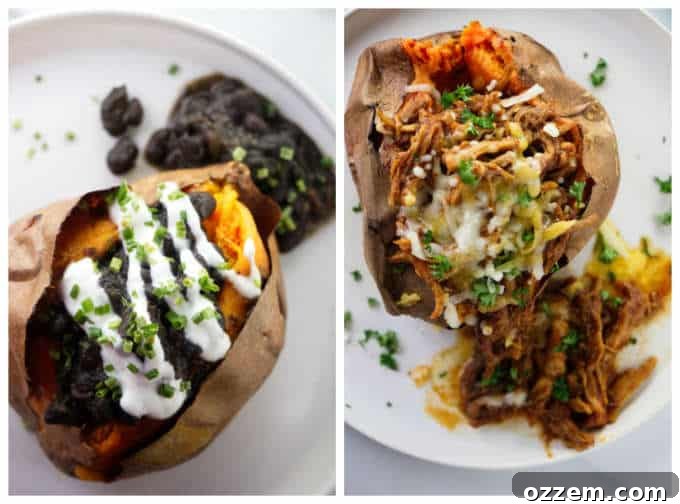 Air Fryer Sweet Potato Perfection 5 A vibrant collage featuring two air fryer baked sweet potatoes, one topped with savory pulled pork and the other with fresh black beans and crema, highlighting diverse topping possibilities.