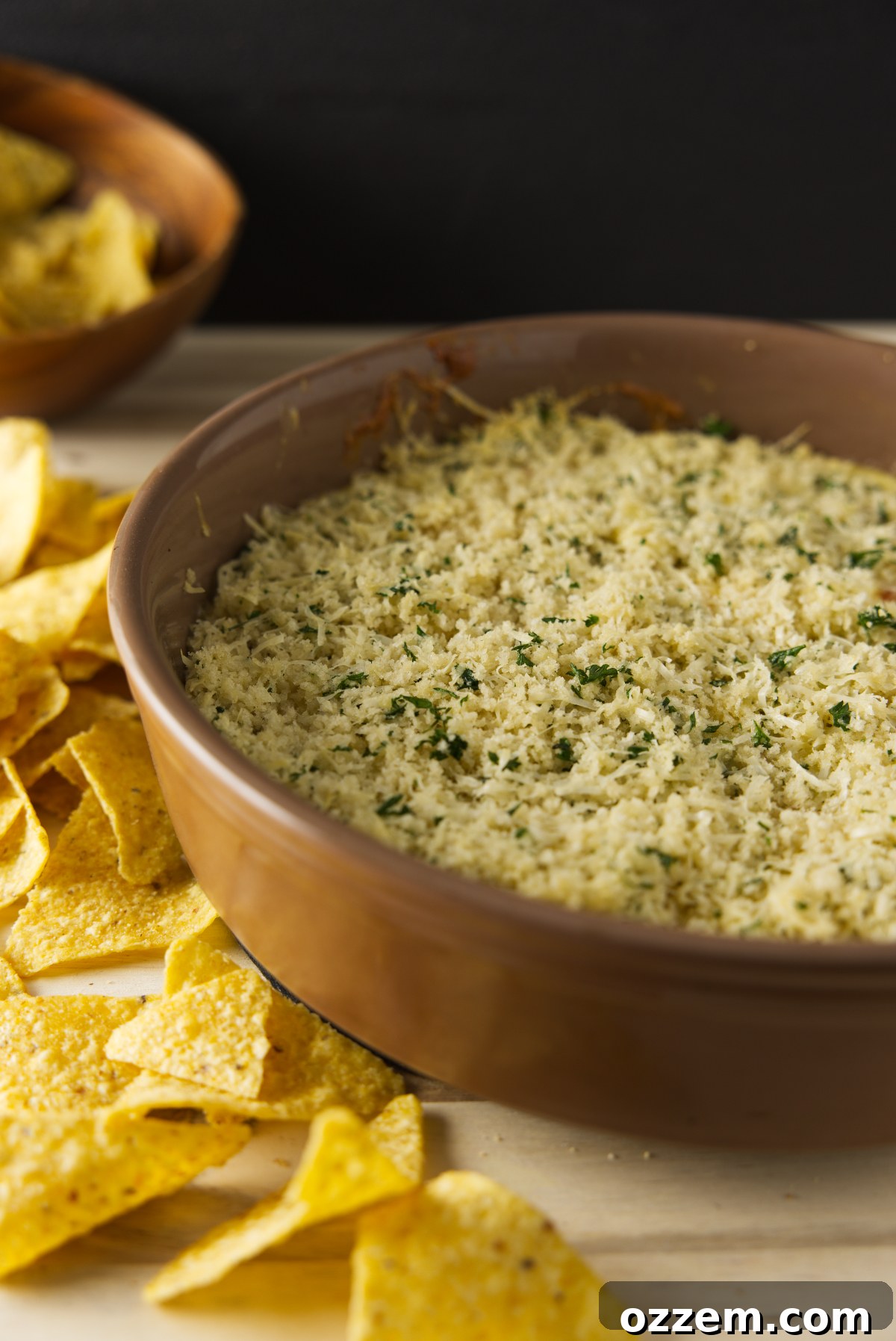 Large bowl of smoked queso surrounded by tortilla chips.
