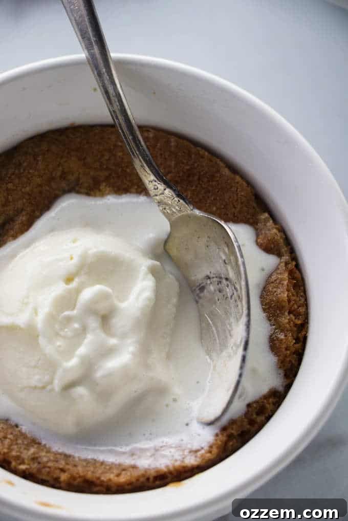 Deep dish chocolate chip cookie bowl with melted ice cream and a spoon.