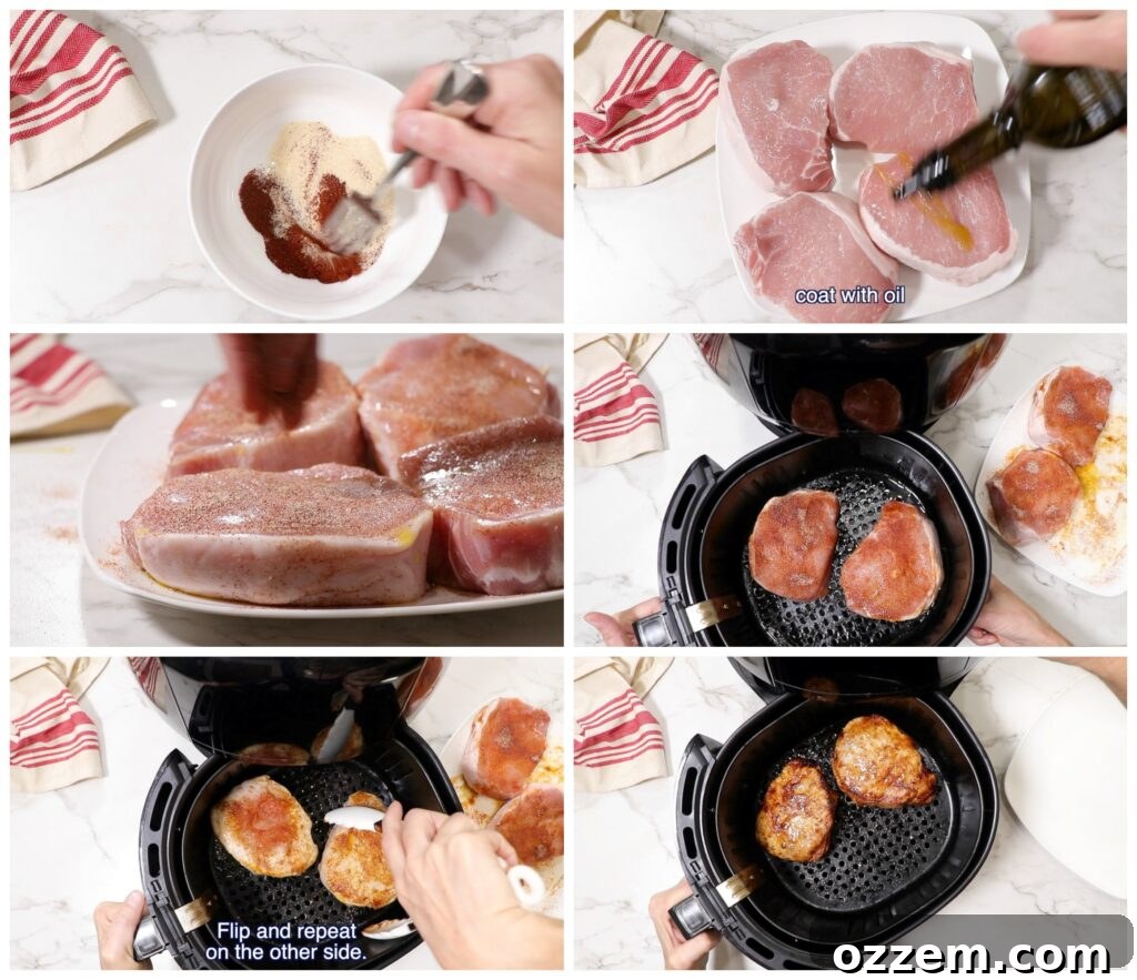 Smoky Chipotle Air-Fried Pork Chops 4 A collage of 6 photos showing step-by-step instructions on how to make air fryer pork chops, from seasoning to cooking.