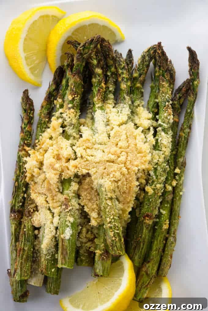 Crispy Asparagus 6 Asparagus with parmesan bread crumbs and lemons.