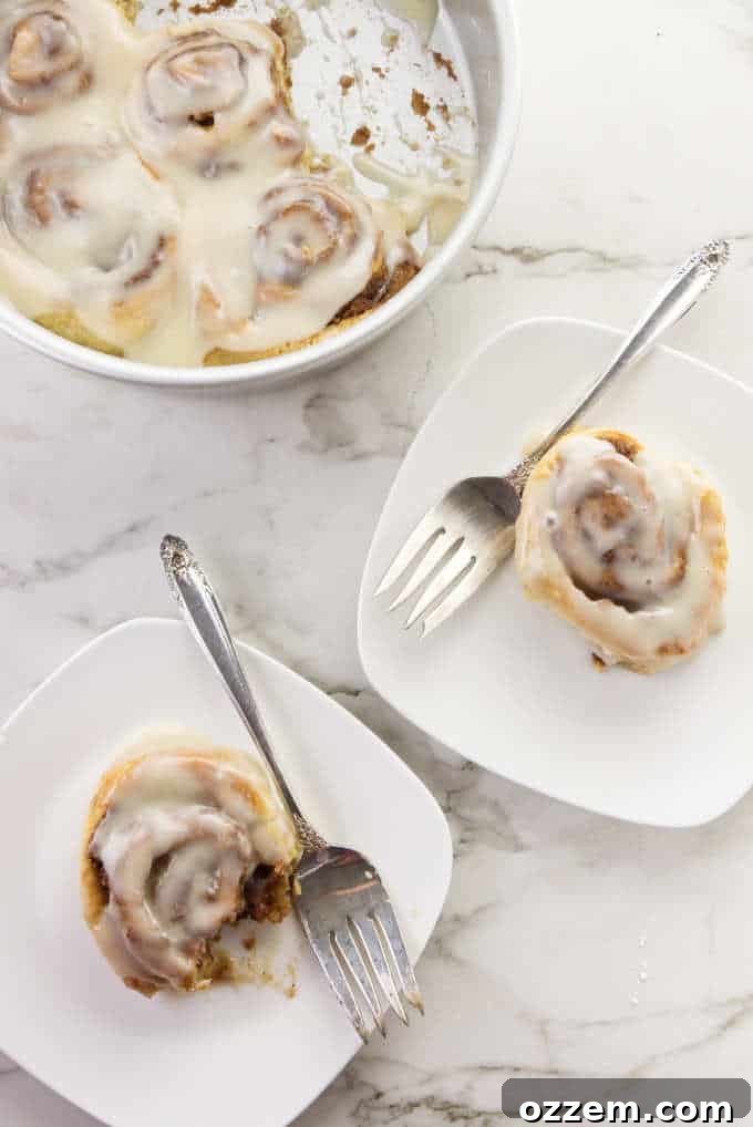 Two beautifully plated air fryer cinnamon rolls, generously drizzled with frosting, resting on elegant white plates, ready for serving.