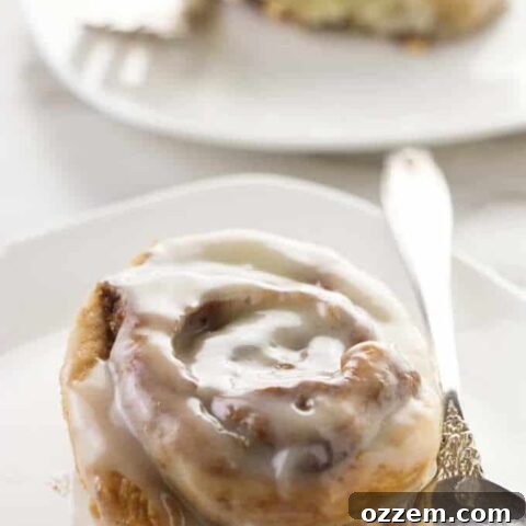 Close up of a no yeast air fryer cinnamon roll, beautifully baked and generously glazed with creamy frosting.