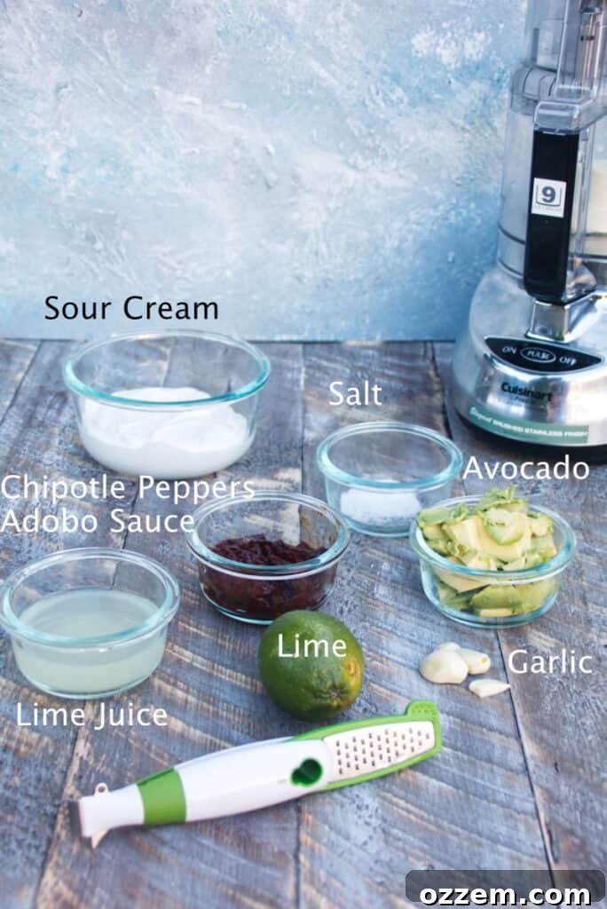A collection of fresh ingredients ready for Chipotle Lime Crema: sour cream, ripe avocado, chipotle peppers in adobo sauce, whole limes for juicing and zesting, and garlic cloves, laid out next to a food processor and microplane.