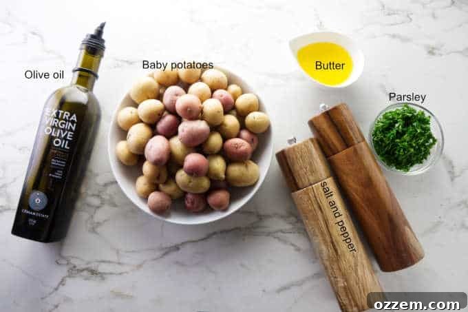 Ingredients needed for air fryer baby parsley potatoes, including potatoes, oil, butter, and parsley.