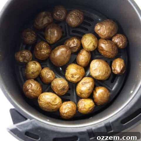 Baby potatoes in an air fryer basket, garnished with parsley.