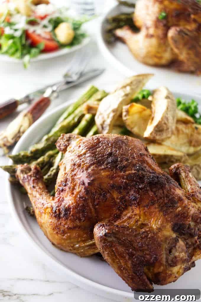 Two perfectly cooked Air Fryer Cornish game hens resting on a plate, surrounded by roasted asparagus and potatoes, creating a complete and delicious meal.