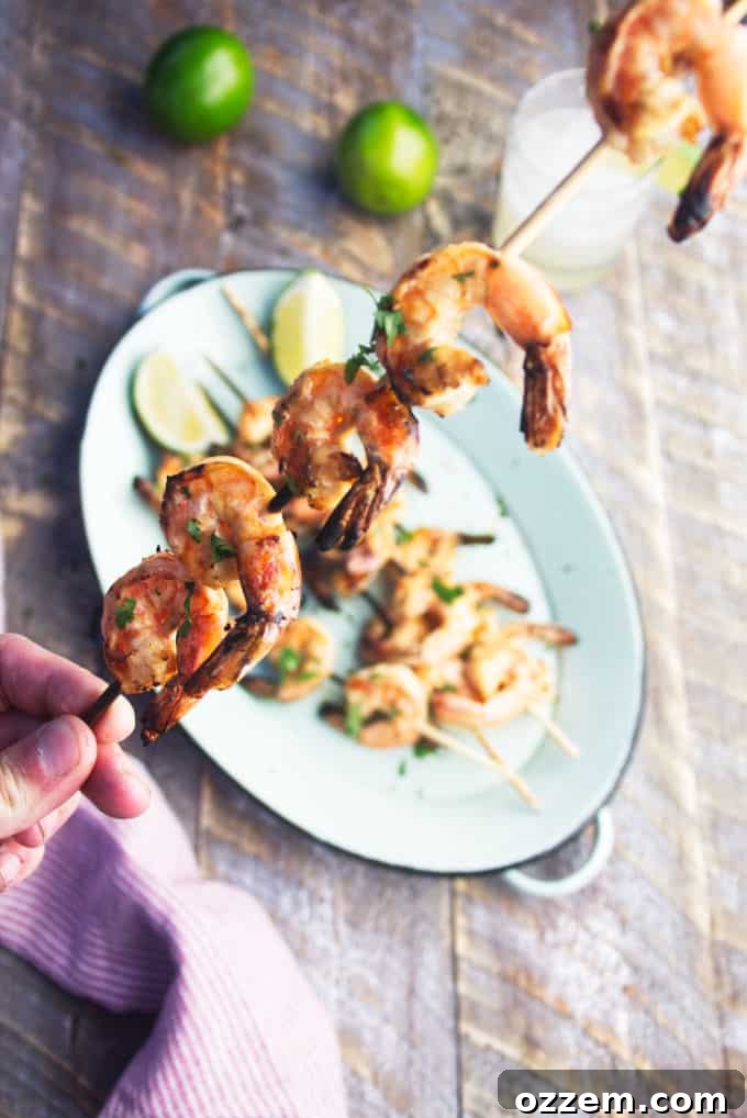Hand holding a skewer of five perfectly grilled tequila lime shrimp, cooked to a pink 'C' shape