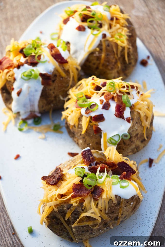 The Ultimate Air Fryer Baked Potato 3 Overhead photo of air fryer baked potatoes on a dark serving tray, garnished with parsley