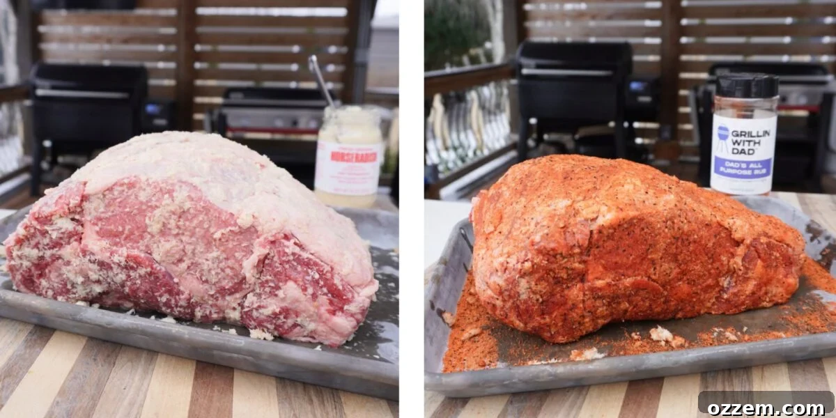 Gourmet Prime Rib Sliders 4 A raw prime rib roast, first covered with fresh ground horseradish as a binder, then generously seasoned with an all-purpose rub.