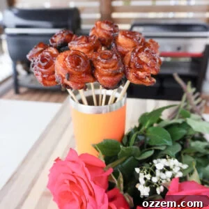 Grilled Bacon Roses in a Yeti Tumbler next to fresh pink roses, a beautiful and appetizing image.