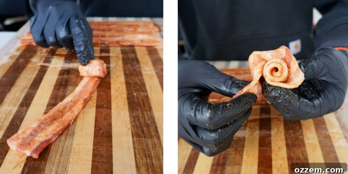 Illustrated guide on how to form a rose using strips of bacon, showing rolling and twisting techniques.