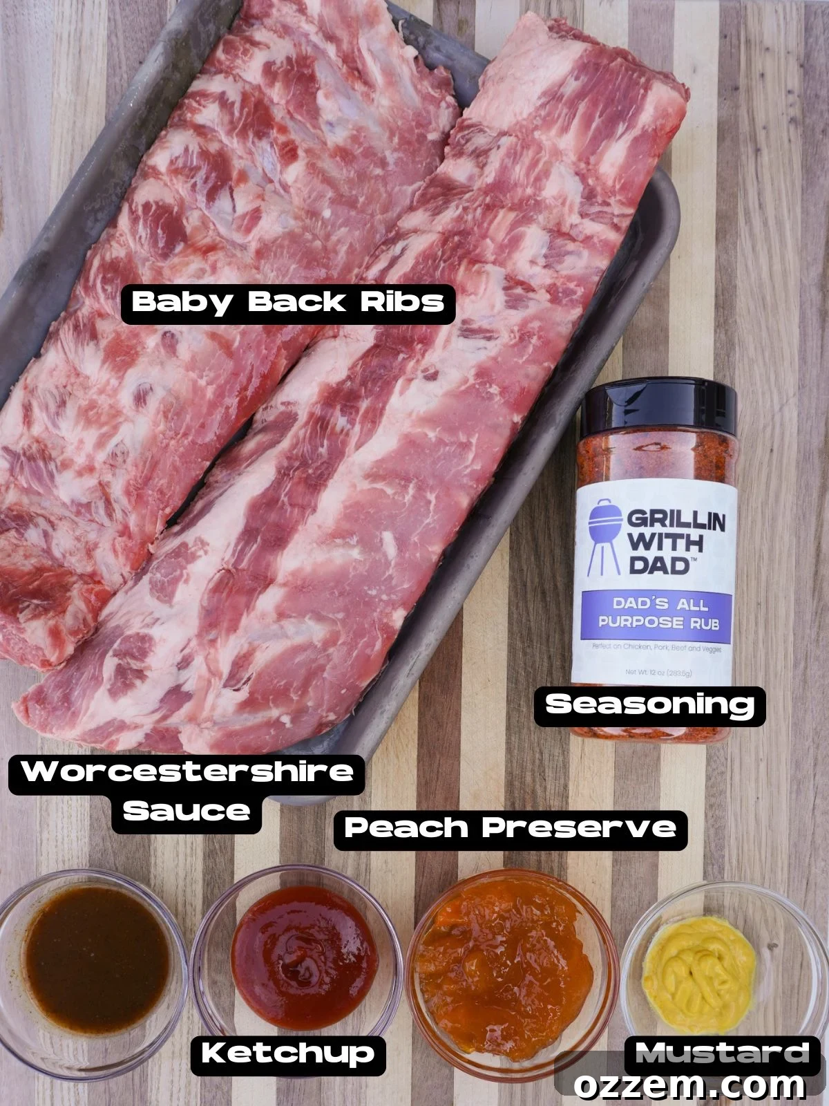 A visual display of all ingredients required to make Peach Bourbon Smoked Ribs.