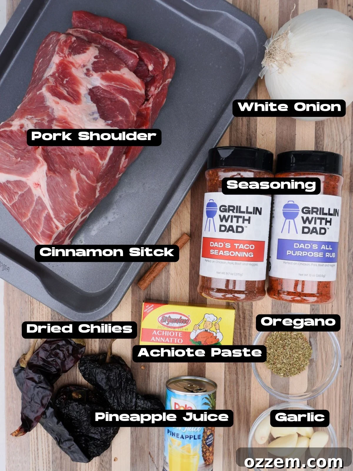 Pulled Pork Tacos al Pastor ingredients laid out on a table.