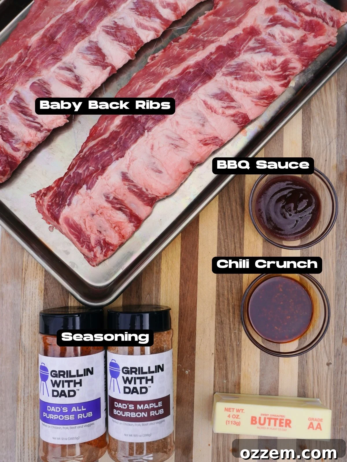 Ultimate Chili Crunch Ribs 3 A colorful array of ingredients for Chili Crunch Party Ribs, including baby back ribs, spices, sauces, and chili crunch.