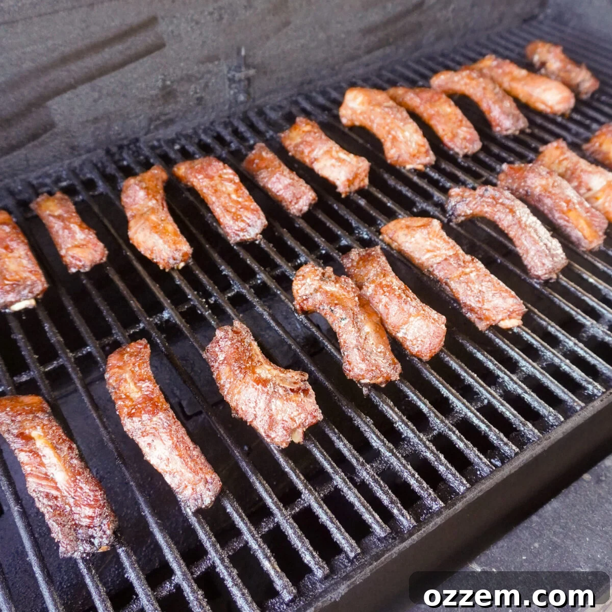 Ultimate Chili Crunch Ribs 7 Individual smoked Party ribs arranged perfectly on a smoker grate.