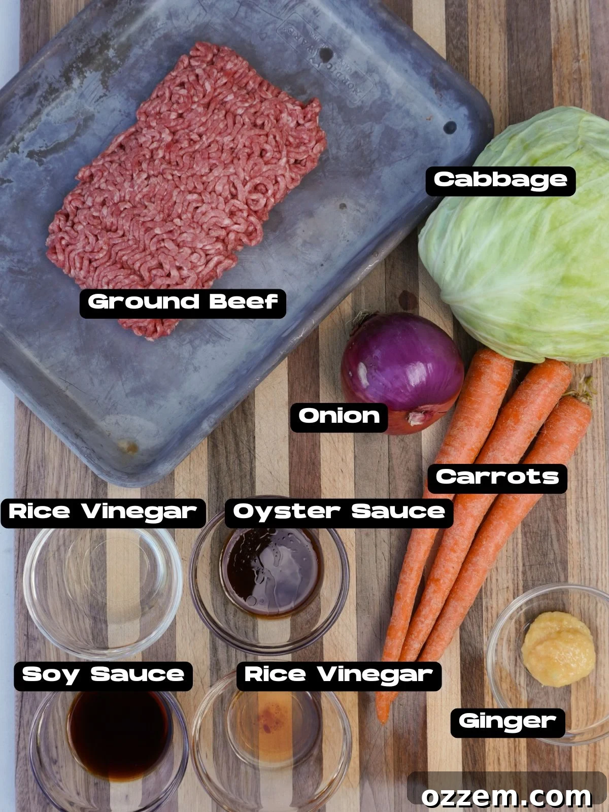 Beef Egg Roll Bowl ingredients laid out on a cutting board.