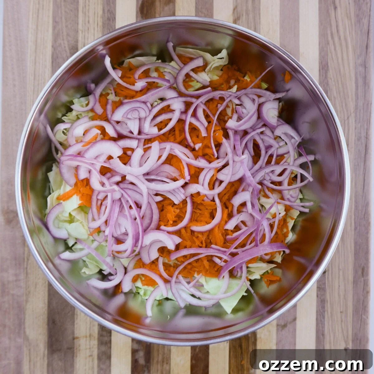Freshly prepped vegetables for an egg roll bowl recipe.